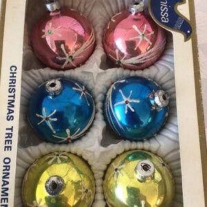 6 Vintage Hand Painted Glass Ornaments
